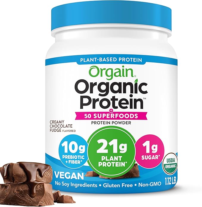 Orgain Organic Vegan Protein + 50 Superfoods Powder, Creamy Chocolate Fudge - 21g Plant Based Protein, 10g Prebiotic Fiber, No Lactose Ingredients, Gluten Free, No Added Sugar, Non-GMO, 1.12 lb