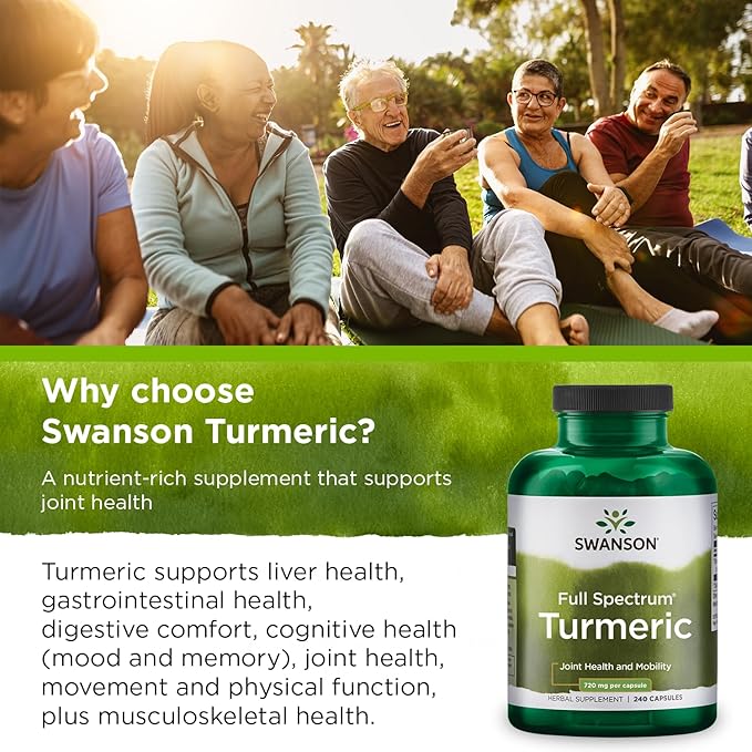 Swanson Turmeric Antioxidant, Joint Health, Cardiovascular, Liver Detox, Mood and Memory Support Supplement Curcuma Longa (Rhizome) 720 mg, 240 Capsules, 120 Servings, 1.44 Grams per Serving