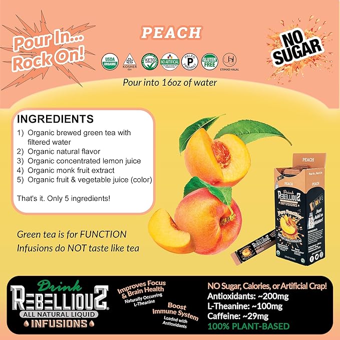 Peach Organic Drink Mix – No Sugar, Loaded with Antioxidants, L-Theanine, and Natural Caffeine – 10 Count