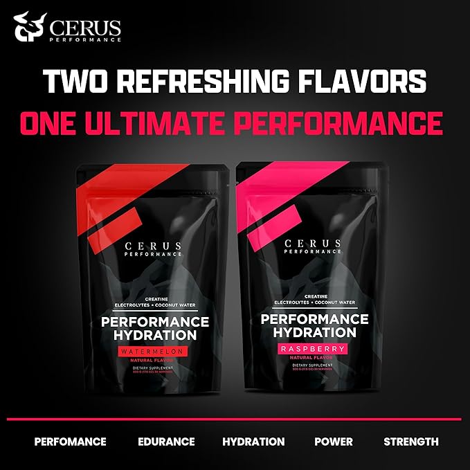 Cerus Performance - Performance Hydration Electrolyte Powder – Raspberry Flavor, 5g Creatine Monohydrate, 500mg Coconut Water Powder – Supports Endurance, Muscle Recovery & Keto 30 Servings