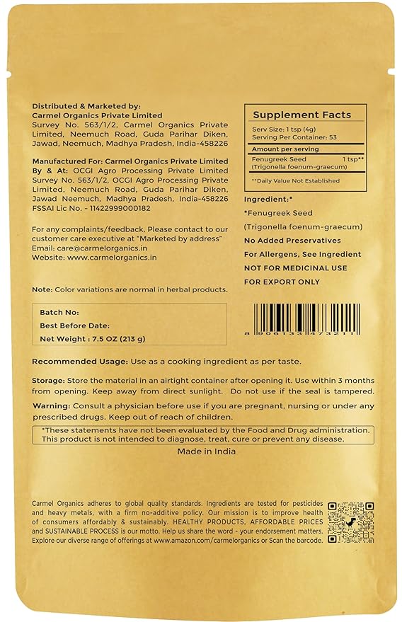 Fenugreek Seeds Whole – 7.5 Ounce | Natural | Non-GMO | Perfect for Cooking, Herbal Remedies & DIY Beauty, No Added Preservatives & Additives, By CARMEL ORGANICS