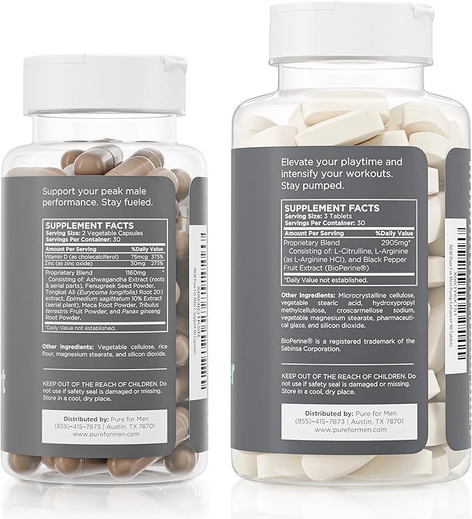 Pure for Men Peak Performance Pack | Support Strength, Energy, Endurance & Physical Activity | Stimulate Workouts with Ashwagandha & L-Arginine | 60 Capsules & Pump Enhancer, 90 Tablets