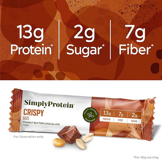 Simply Protein - Peanut Butter Chocolate Crispy Bars - Plant Based Protein Bars - Low Carb, Low Sugar, High Fiber - 13g Protein, 2g Sugar, 7g Fiber - Vegan, Gluten Free, Non GMO, Kosher - 4 Bars