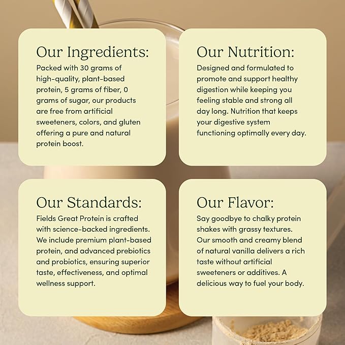 Field's Great Plant-Based Protein Shakes, Supports Muscle Maintenance, Gut Health & Energy with Clean Ingredients for Whole-Body Wellness, 30 Grams of Protein, 5 Grams of Fiber - 14 Servings (Vanilla)