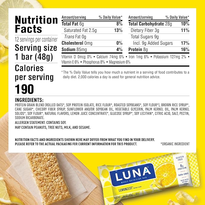 Clif Bar Luna Minis Energy Bar - Box of 12 1.69oz (48g) Bars (Lemon Zest)