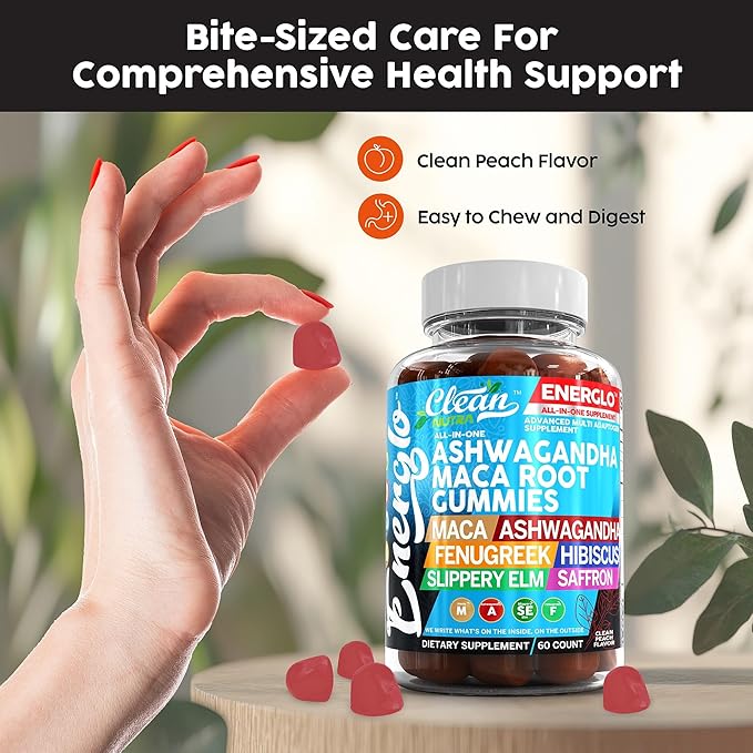 Ashwagandha Maca Root Gummies with Fenugreek Hibiscus Slippery Elm Saffron Extract & Beta Carotene | Peach Flavor Vegan Gummy Vitamins Adaptogen Cortisol Supplement Energlo by Clean Nutra (3)
