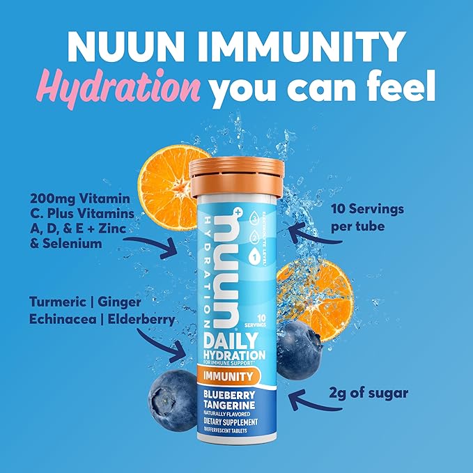 Nuun Immunity Electrolyte Tablets with Vitamin D, C, E, & A, Ginger, Elderberry, Magnesium & 4 Other Essential Electrolytes, Vegan, Blueberry Tangerine, 8 Pack (80 Servings Total)