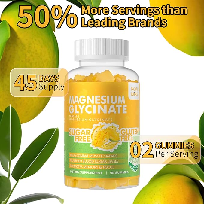 90 CT Magnesium Glycinate Gummies 1000mg - Sugar Free Magnesium Potassium Supplement with Vitamin D, B6, CoQ10 for Calm Mood & Sleep Support - 90 Mango Pineapple Gummies