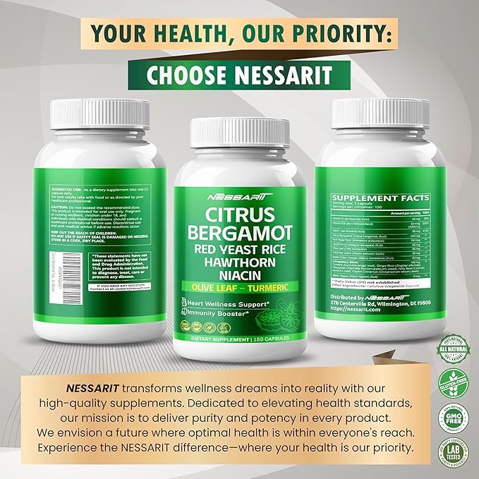 Citrus Bergamot Supplement - 15-in-1 Natural Blend with Red Yeast Rice Hawthorn Olive Leaf Odorless Garlic Turmeric Ginger Fenugreek - 150 Count - Made & Tested in The USA