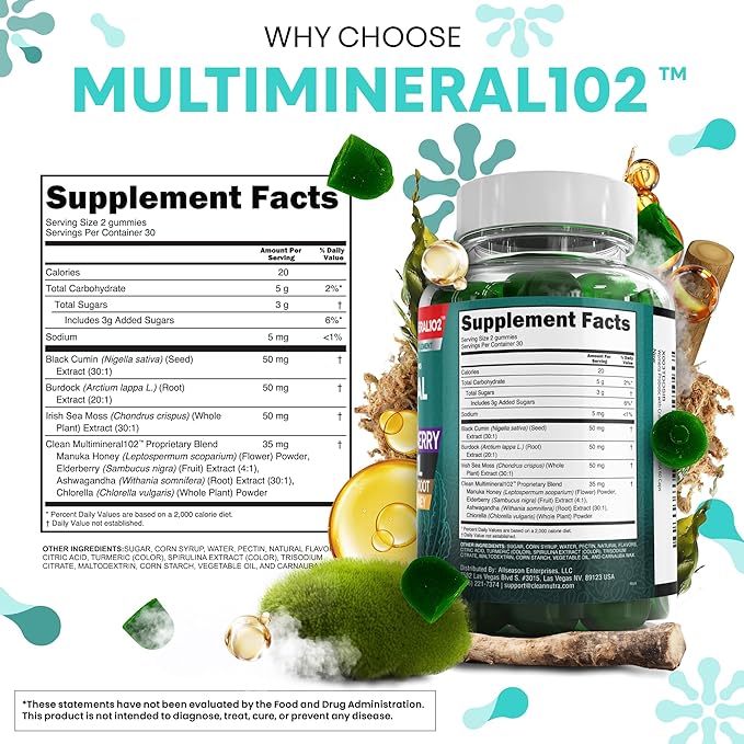 Clean Sea Moss Gummies | Black Seed Oil Ashwagandha, Elderberry, Burdock Root, Chlorella, Manuka Honey - Vegan Irish Sea Moss Gummy Vitamins For Adults Kids Men Women - Multimineral Green Apple Flavor