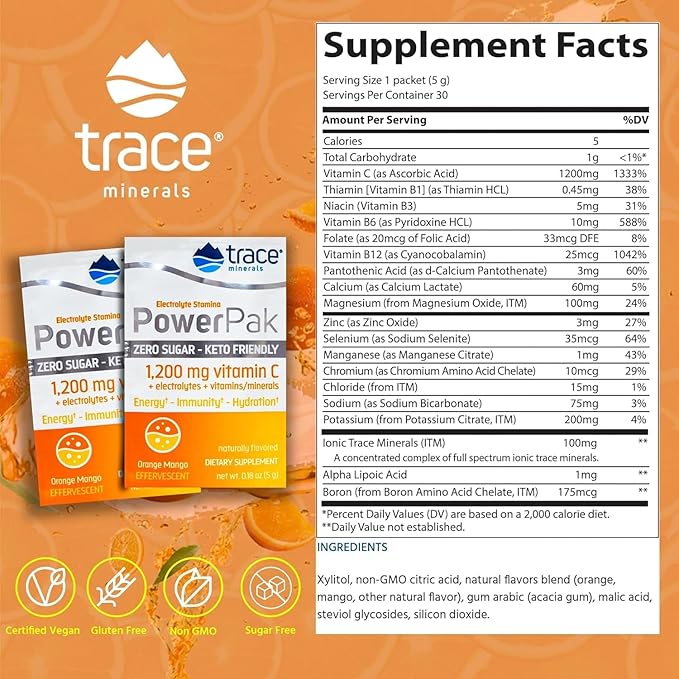 Trace Minerals | Power Pak Sugar Free Electrolyte Powder Packets | 1200 mg Vitamin C, Zinc, Magnesium | Boost Immunity, Hydration and Natural Energy | Keto Friendly | Orange Mango | 60 Packets