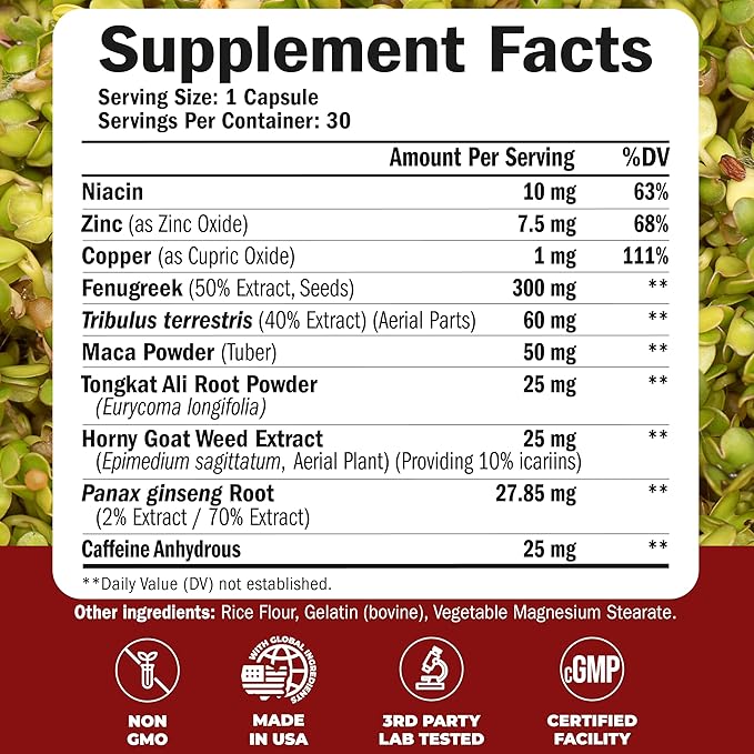 Libido Support For Men: Testosterone Supplement for Men with Fenugreek, Maca Root, Tongkat Ali, Horny Goat Weed, Tribulus. Male Enhancing Supplement, Testosterone Support, Muscle Builder - 30 Capsules
