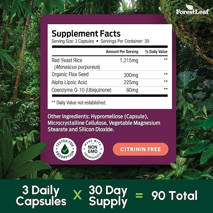Red Yeast Rice 1215 mg. Capsules - Extra Strength Red Rice Yeast with CoQ10 Supplement, Plus Alpha Lipoic Acid & Organic Flaxseed, Citrinin Free, Supports Cardiovascular Health, Non-GMO 90 Veggie Caps