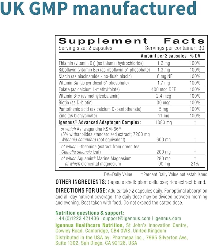 Igennus High Strength Ashwagandha Stress Relief Complex, L-Theanine & Magnesium & KSM-66 Root Extract Adaptogens, Methylated B Vitamins, Calm & Sleep Support, Clean Label, 360 Vegan Capsules