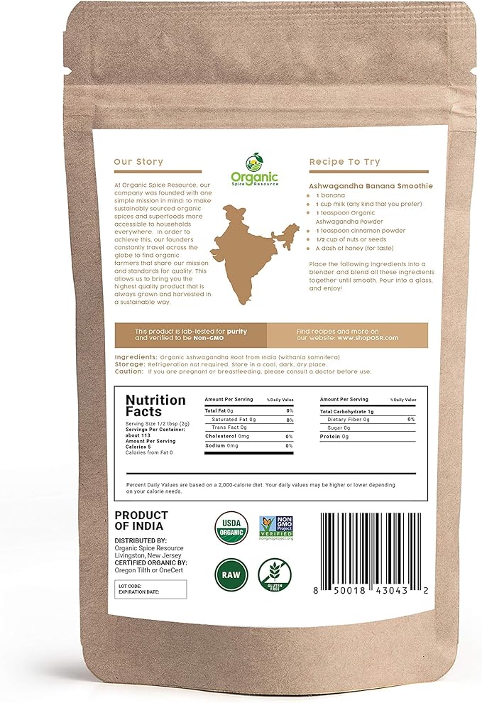 Organic Ashwagandha Root Powder -8 Ounce | Lab Tested for Purity | Resealable Kraft Bag,Non-GMO, Indian Ginseng, Withania Somnifera -100% Raw from India, by SHOPOSR (8 oz)