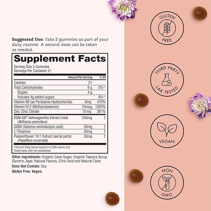 Winged Wellness Calm & Collected, Stress Relief Gummies - Stress Support Supplement with KSM-66 Ashwagandha, L-Theanine, GABA & Passionflower - Vegan & Gluten-Free Gummy - Raspberry, 42 Count