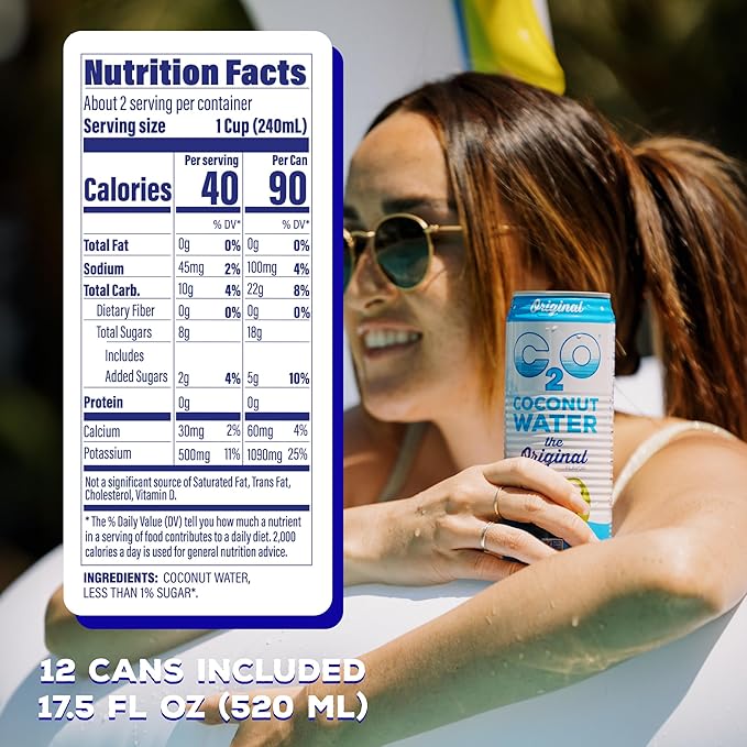 C2O - Coconut Water, The Original Flavor (12 Pack) - Made with Fresh Coconut Water, Plant Based - Non GMO Canned Water - Natural Hydration, Essential Electrolytes, & Potassium - 12 Cans, 17.5 FL OZ