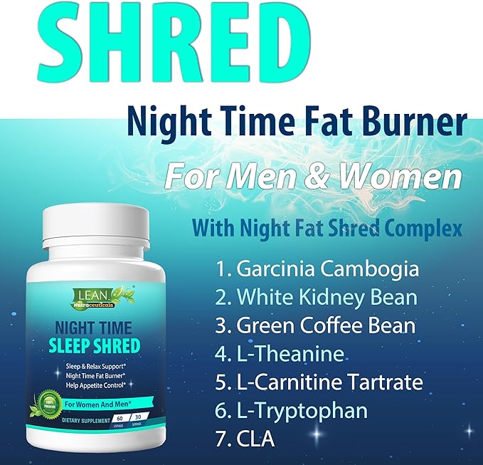 Weight Loss Sleep Aid Night Time Shred Fast Fat Burner, Melatonin L-theanine Cla Ashwagandha Valerian Root 5HTP Pill, Appetite Suppressant Metabolism Booster Calm Supplement for Women Men, 60 Capsule