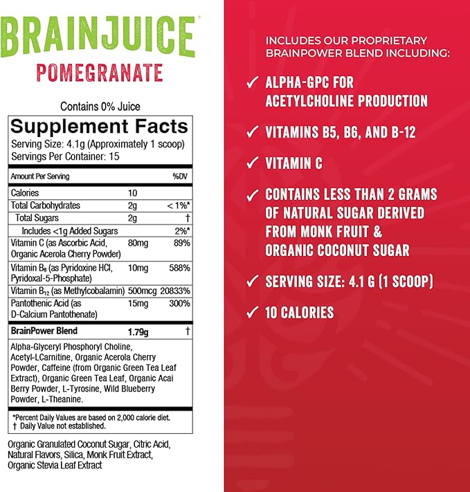 BrainJuice Nootropics Brain Support Supplement, Gluten Free Powder for Energy and Focus, Drink Mix with L Theanine, Alpha GPC, Vitamin B, Organic Green Tea Extract Caffeine, Pomegranate, 15 Servings