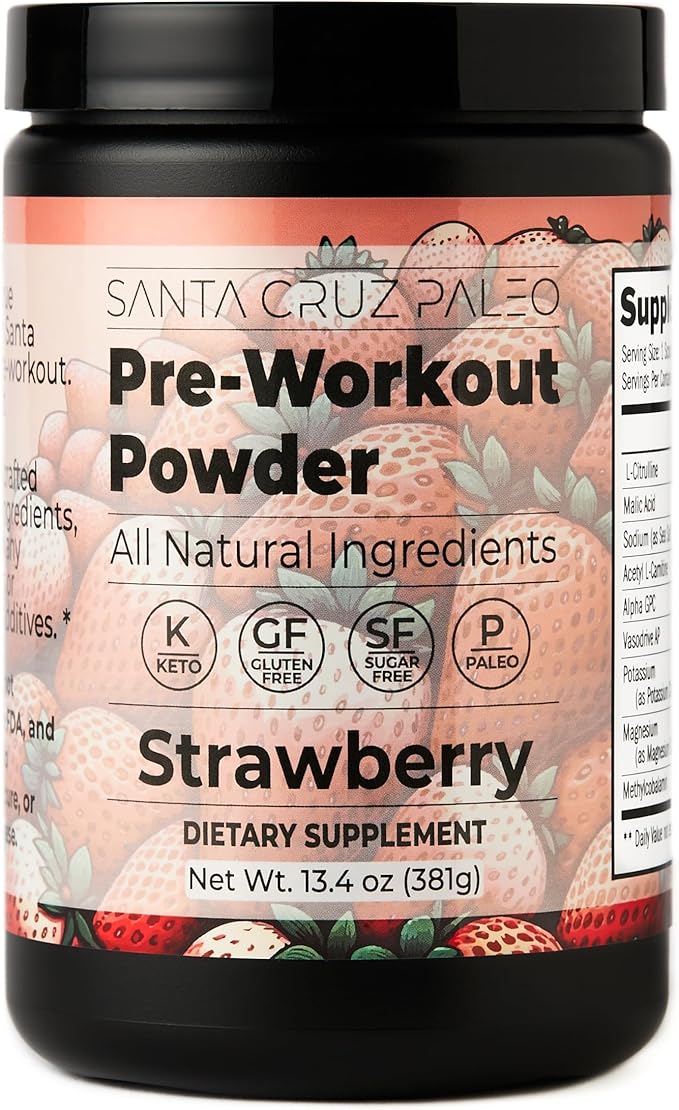 Santa Cruz Paleo Natural Pre Workout Powder, Strawberry, Keto Preworkout with Electrolytes Magnesium, Potassium, L-Citrulline, Caffeine Free, Sugar Free Drink Mix for Energy & Hydration, 30 Servings