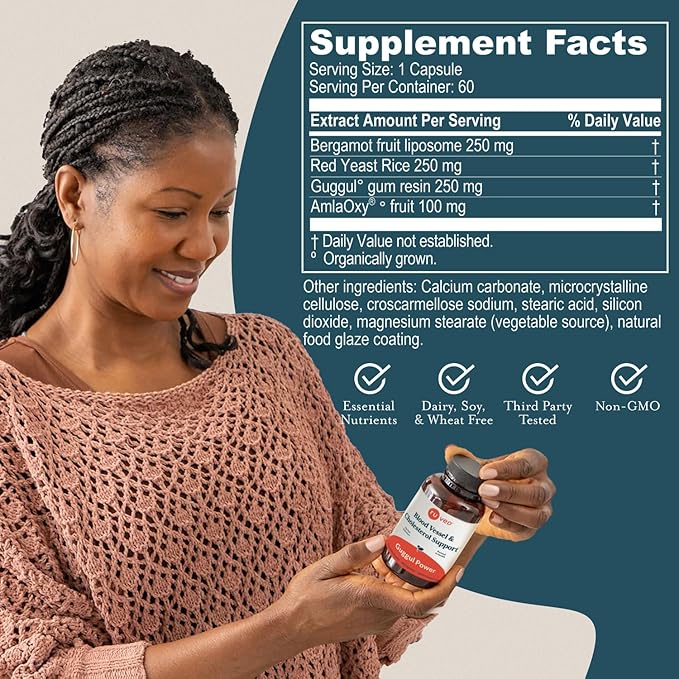 Ruved Guggul Power Herbal Supplement for Ayurvedic Cholesterol Support, Red Yeast Rice, Bergamot, Guggul, and Amla Supplement for Women and Men, 60 Vegetarian Capsules