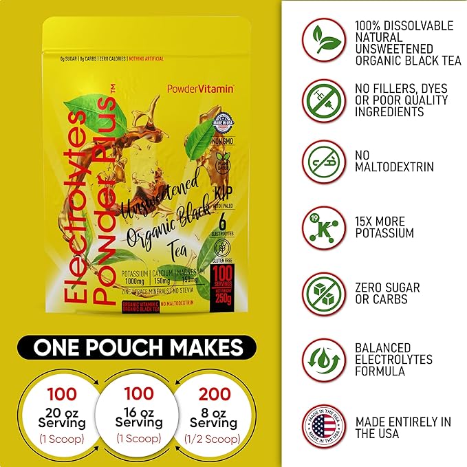 Electrolytes Powder Plus (100 Servings) Unsweetened Black Tea Electrolyte Powder Keto,SugarFree,Pink Himalayan Salt,1000mgPotassium,150mgCalcium,150mgMagnesium,Hydration Powder NO STEVIA