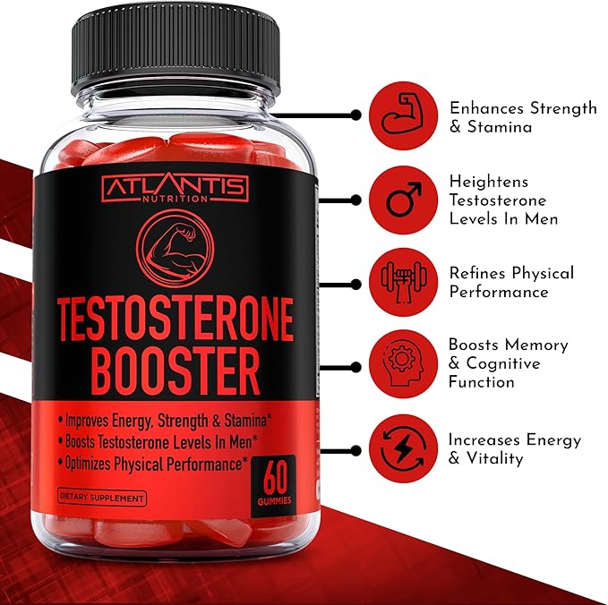 Atlantis Nutrition Testosterone Booster Gummies For Men - Enhances Strength & Stamina - Optimizes Performance & Male Enhancement - Made With Tribulus, Horny Goat Weed, Maca Root | 2-Pack (120 Gummies)