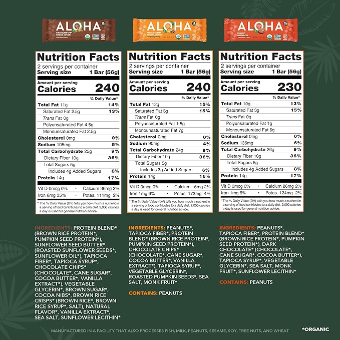 ALOHA Organic Plant Based Protein Bars - 3 Flavor Variety Pack - 12 Count, 1.9oz Bars - Vegan Snacks, Low Sugar, Gluten-Free, Low Carb, Paleo, Non-GMO, Stevia-Free, No Sugar Alcohol Sweeteners