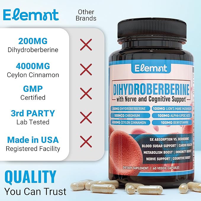 Super berberine 200mg Dihydroberbeine (GlucoVantage®) with 10:1 Ceylon Cinnamon, Alpha lipoic, Benfotiamine,10:1 Lions Mane Mushroom, Fenugreek, Chromium, Bitter Melon and others for your health.