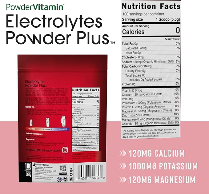 Electrolytes Powder Plus (100 Servings) Hibiscus Electrolyte Powder Zero Calorie Keto,0 Sugar, No Maltodextrin,1000mg Potassium,120mg Calcium,120mg Magnesium, Hydration Powder