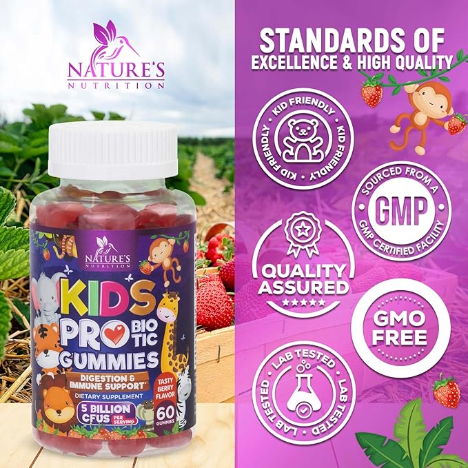 Kids Probiotic Gummies - Chewable Daily Probiotics for Kids Ages 3+ - Natural Digestive Health & Immune Support Vitamin - Vegan, Gluten Soy & Dairy Free, Berry Flavored, Shelf Stable - 60 Gummies
