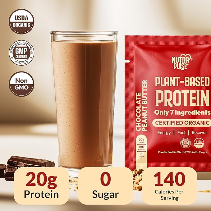 Chocolate Peanut Butter Vegan Protein Powder Sample Pack – 20g Organic Plant-Based Protein Smoothie & Shake Ready – Gluten-Free, Dairy-Free, Clean, Easy to Digest – 16 Single Servings