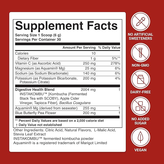ACTIVATEDYOU Daily Digestive Tonic Kombucha - Support Healthy Digestion & Youthful, Long-Lasting Energy- Prebiotic Fiber, Probiotics, Postbiotics, Vitamin C, Berry Lemonade Flavor (30 Servings)