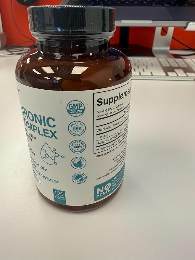 Hyaluronic Acid Supplements 250mg with 200mg Vitamin C, 1000mg L-Proline & Anti-Aging Benefits, Hyaluronic Acid Capsules for Youthful Skin, Joints & Connective Tissue Health - 120 Capsules