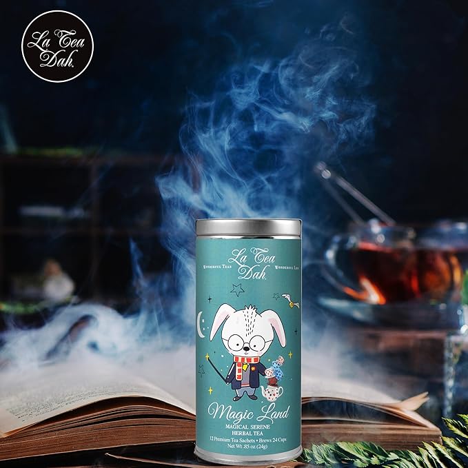 Serene Herbal Tea for Kids by La Tea Dah, Calming Decaf Childrens Tea, Lavender Chamomile Tea Bags Flavored with Lemongrass and Spearmint, Sleepy Tea for Little Wizards, Magic Land (12 Sachets)
