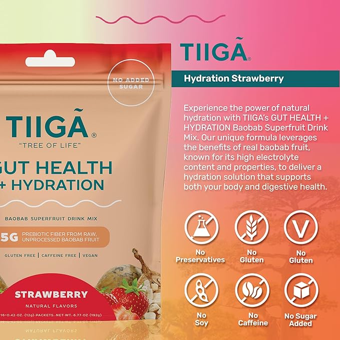Tiiga 2-in-1 Gut Health + Hydration Drink Mix – Natural Debloat Formula with 75%+ Baobab & Coconut Water. High in Antioxidants, Prebiotics, Zero Added Sugar, Supports Digestion, Energy & Helps Debloat