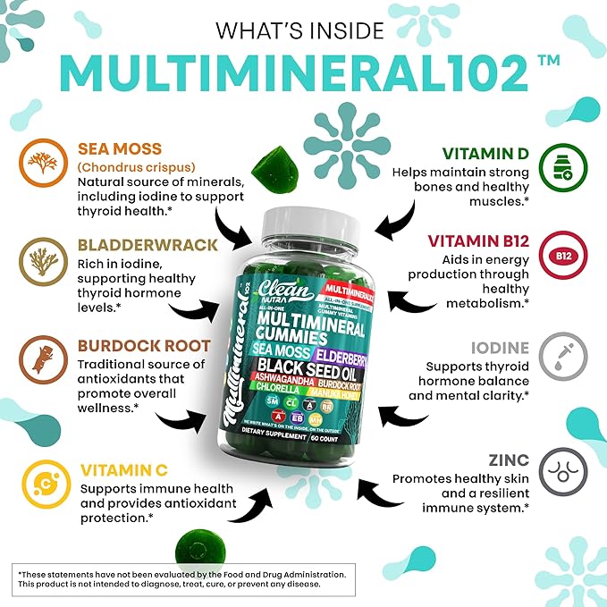 Clean Sea Moss Gummies | Black Seed Oil Ashwagandha, Elderberry, Burdock Root, Chlorella, Manuka Honey - Vegan Irish Sea Moss Gummy Vitamins For Adults Kids Men Women - Multimineral Green Apple Flavor