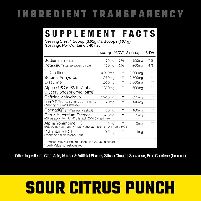 Axe & Sledge HWMF Pre-Workout Powder - 20/40 Servings - Caffeine, L-Citrulline, Betaine (20/40 Servings, Sour Citrus Punch)