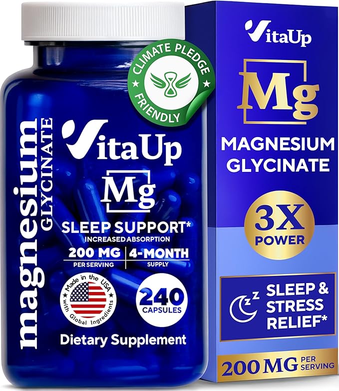 Magnesium Glycinate 200mg - USA Made Magnesium Supplement for Sleep, Heart, Bones, Metabolism Support - High Absorption Magnesium Bisglycinate Capsules - 240 Vegan Chelated Capsules