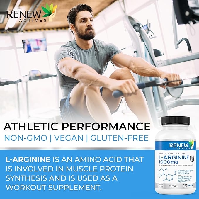 Renew Actives L-Arginine Supplement 1000MG for Serving - Strength & Endurance, Essential for Protein Synthesis & Muscle Function, Physical Performance Booster - Made in Canada - 120 Tablets