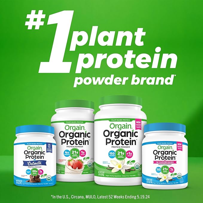 Orgain Organic Vegan Protein + 50 Superfoods Powder, Vanilla Bean - 21g Plant Based Protein, 8g Prebiotic Fiber, No Lactose Ingredients, Gluten Free, No Added Sugar, 1.12 lb (Packaging May Vary)