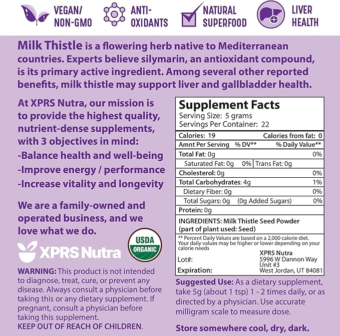 XPRS Nutra Organic Milk Thistle Seed Powder - Premium Milk Thistle Powder Rich in Silymarin and Antioxidants - Milk Thistle Seeds Support Liver Health - Vegan Friendly Milk Thistle Organic (4 Ounce)