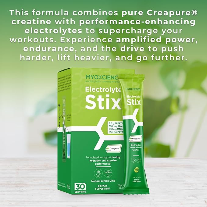 MYOXCIENCE Electrolyte STIX | Creatine Electrolyte Powder | Recovery from Exercise & Muscle Development w/Real Salt (Lemon Lime Flavor) (Stix 30 ct)