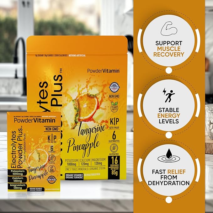 Electrolytes Powder Plus, Keto, Tangerine Pineapple, Sugar Free, Pink Himalayan Salt, 1000mg Potassium, 120mg Calcium, 120mg Magnesium, Non-GMO, Zero Calories, (16 Hydration Packets)