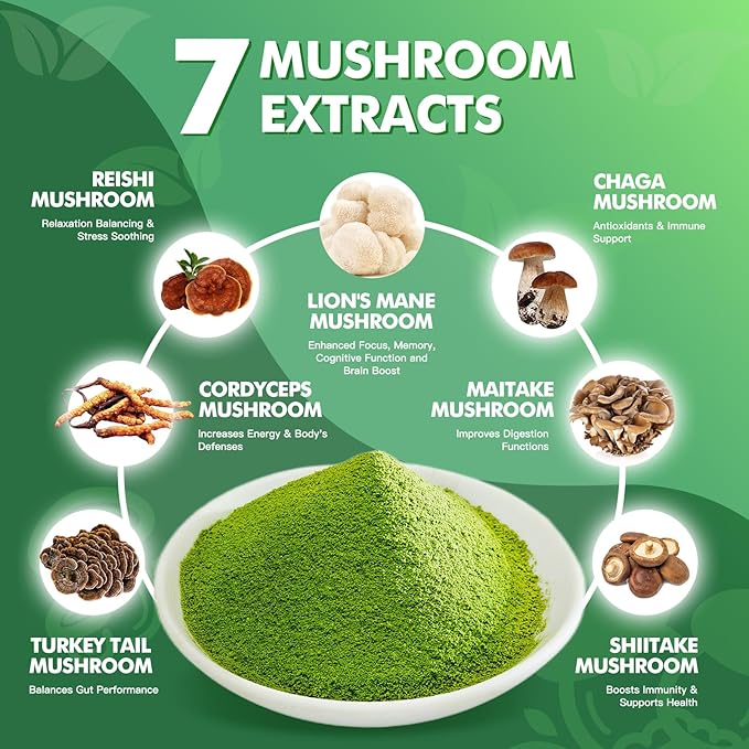 Mushroom Matcha 8 Oz | Ceremonial-Grade Japanese Matcha with 7 Adaptogenic Superfood Mushrooms, MCT Oil, Coconut Milk Powder, Natural, Gluten Free, Instant Powder for Energy, Focus, Digestion, Immunity, 45 Servings