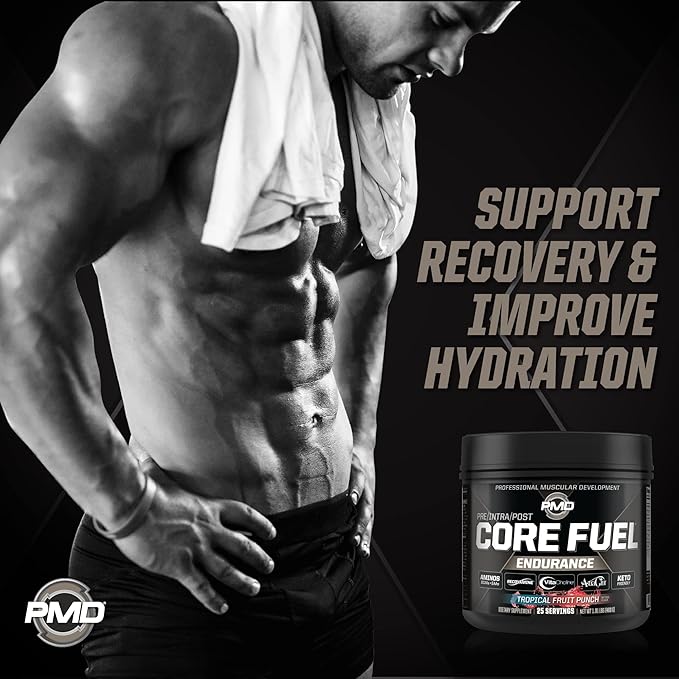 PMD Sports Core Fuel Endurance, Performance & Recovery - BCAAs, EAAs, Beta Alanine, Betaine Anhydrous, Glutamine, Electrolytes - Muscle Growth, Strength - Stim Free, Tropical Fruit Punch (25 Servings)