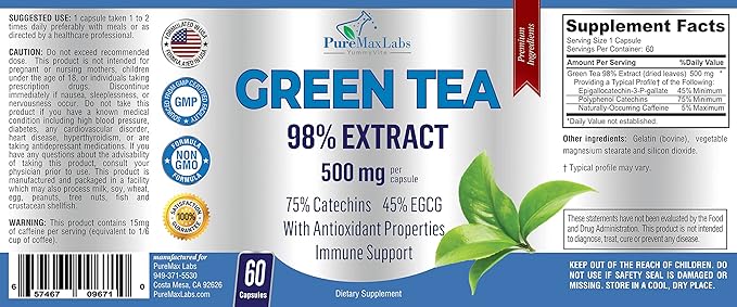 Green Tea Extract 98% - 3X Strength, 75% Polyphenol Catechins, 45% EGCG, Super Antioxidant - 60 Capsules