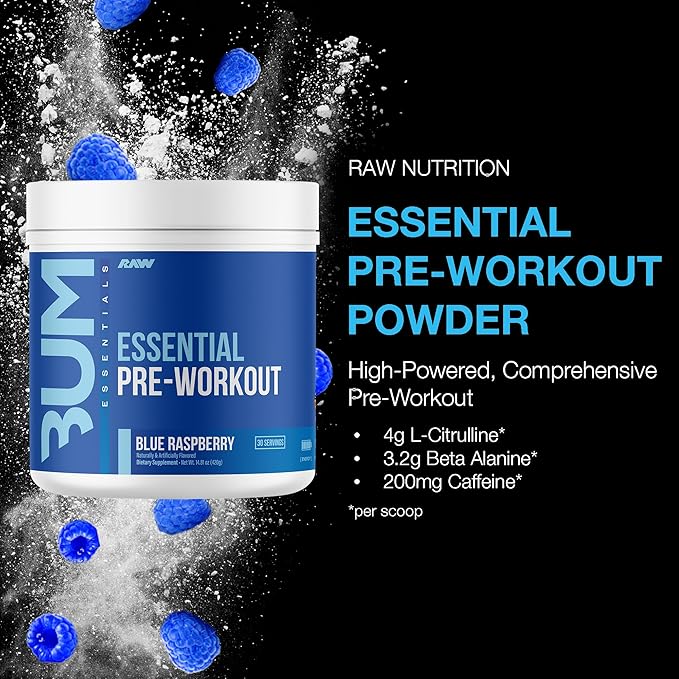 RAW Nutrition - Essential Pre - Chris Bumstead Pre Workout Formula, Sports Nutrition Pre-Workout Powders | Men & Womens Drink, Energy Powder for Working Out (Blue Raspberry)