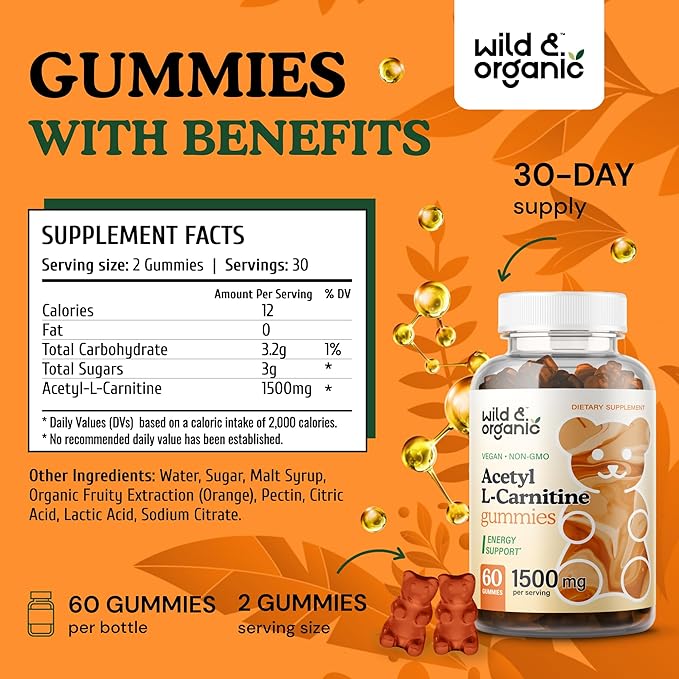 Wild & Organic Acetyl L-Carnitine 1500mg Gummies - Alcar Chews for Brain & Energy Support - L Carnitine Supplement with 60 Count - Energy and Focus Gummies with Acetyl Powder