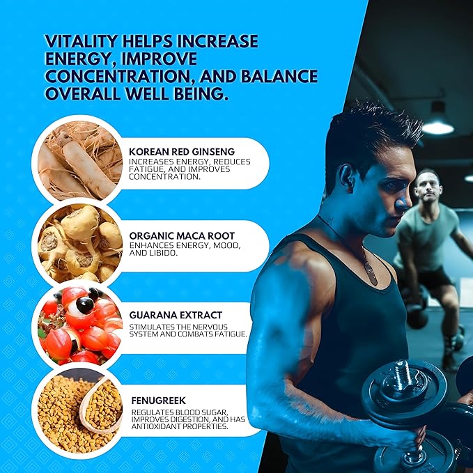 Vitality Supplement for Men – Maca Root, Korean Red Ginseng Rg3, Guarana, L-Arginine, Fenugreek – Energy, Stamina & Performance Booster – 30 Caplets, 860mg